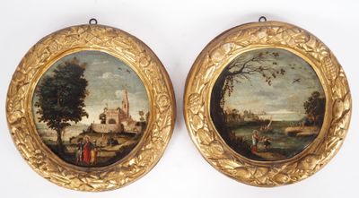 paire de peintures à l'huile du XIXe siècle représentant des personnages dans un paysage