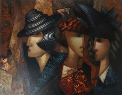 tableau représentant trois femmes coiffées de chapeaux et portant des peignes, devant un rideau