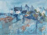 an image of a painting of a village on a beach