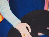 a painting of a woman holding a black dog