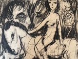 drawing of a woman on a horse with a man on a horse