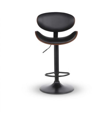 a black stool with a wooden seat on a white background