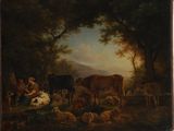tableau représentant un homme et une femme nourrissant du bétail dans un décor boisé