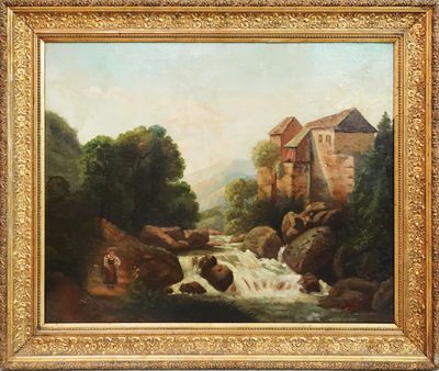 une peinture à l'huile représentant une rivière avec un château en arrière-plan