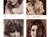 four black and white photographs of women with hats on them