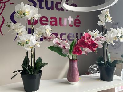 trois vases de fleurs posés sur une table devant un panneau