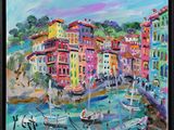 painting of boats in a harbor with colorful buildings in the background