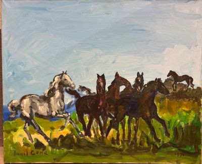 un tableau représentant un groupe de chevaux galopant dans un champ
