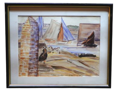 framed watercolor painting of sailboats on the beach by a brick wall
