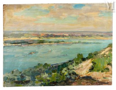 une peinture à l'huile représentant une vue sur une rivière avec des bateaux sur l'eau
