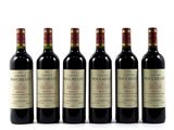 six bottles of red wine lined up in a row on a white surface