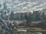 une peinture d'un paysage avec une rivière au premier plan