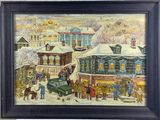 tableau représentant une scène urbaine avec des personnages et des voitures