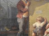 a painting of a man and two children in front of a building