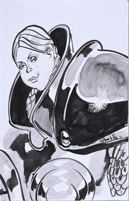 un dessin représentant une femme à moto, coiffée d'un casque