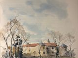 painting of a house in a field with trees in the foreground