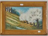 a picture of a painting of trees on a hill