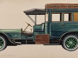 dessin représentant une vieille voiture verte avec un toit marron et des moulures en bois