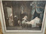 framed picture of a painting of a woman in a bed with a dog