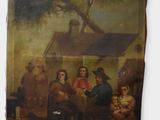painting of a group of people sitting around a table outside a house