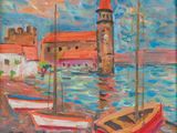 painting of boats in a harbor with a clock tower in the background