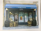 a picture of a painting of a bar on the street