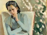 painting of a woman sitting in a chair in front of a vase of flowers