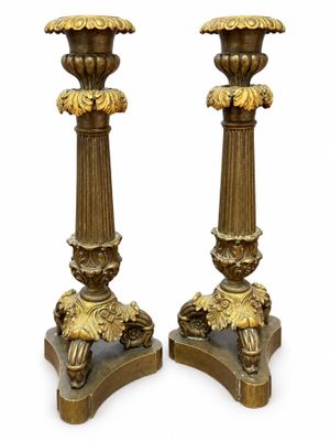paire de chandeliers anciens en laiton sur base en marbre