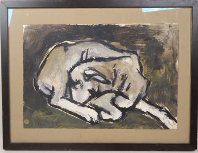 painting of a dog laying down on the ground in a black frame
