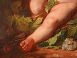 a painting of a baby sitting on a branch of a tree