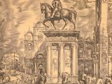 un dessin représentant une statue d'un homme à cheval au milieu d'une rue