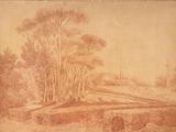 drawing of a landscape with trees and a bridge in the foreground