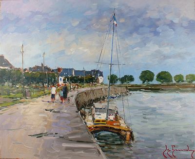un tableau représentant un voilier amarré à un quai