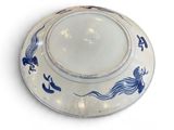 a blue and white plate with a fish design on it