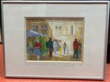 painting of a group of people walking down a street with umbrellas