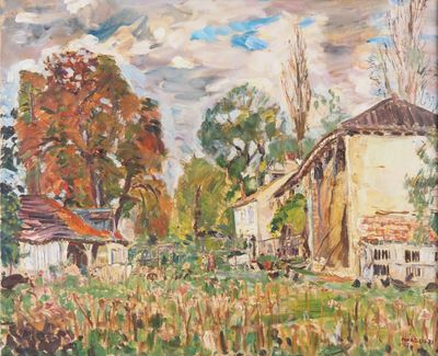 une peinture à l'huile représentant une scène de ferme avec une grange en arrière-plan
