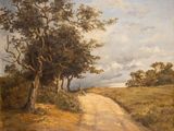 painting of a dirt road in a field with trees on either side