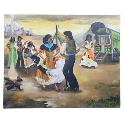 tableau représentant un groupe de personnes dansant devant un chariot bâché