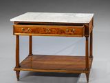 a small marble top table with two drawers and a shelf
