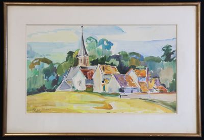 an image of a painting of a church in a rural setting