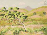 une peinture à l'huile représentant un arbre dans un champ, avec des montagnes en arrière-plan