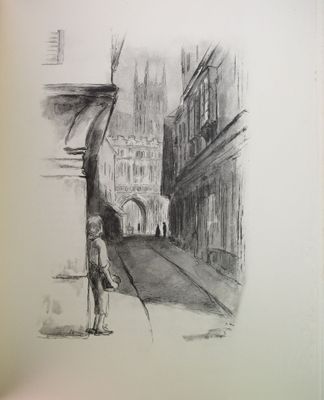 dessin au crayon représentant un homme marchant dans une rue en ville