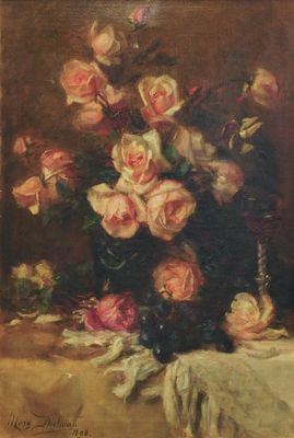 painting of a still life of roses in a vase on a table