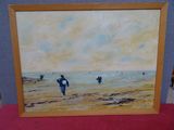 painting of people walking on the beach with surfboards in the water