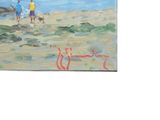 painting of two people walking on a beach with a dog