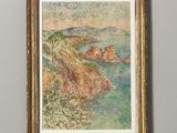 an image of a painting hanging on a wall above a table