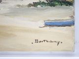 a painting of a beach scene with a boat on the sand