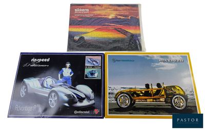 three postcards with a picture of a man driving a car