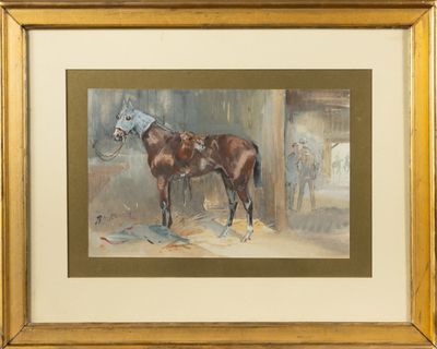 tableau représentant un cheval dans une écurie, peint par un homme coiffé d'un chapeau bleu