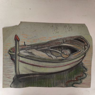 a drawing of a small boat on the water